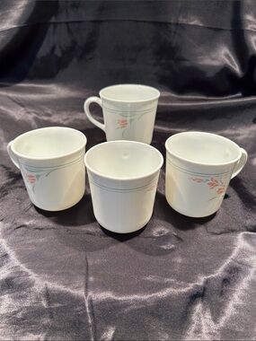 Corelle White Mugs with Pink Floral and Gray Trim - Set of 4